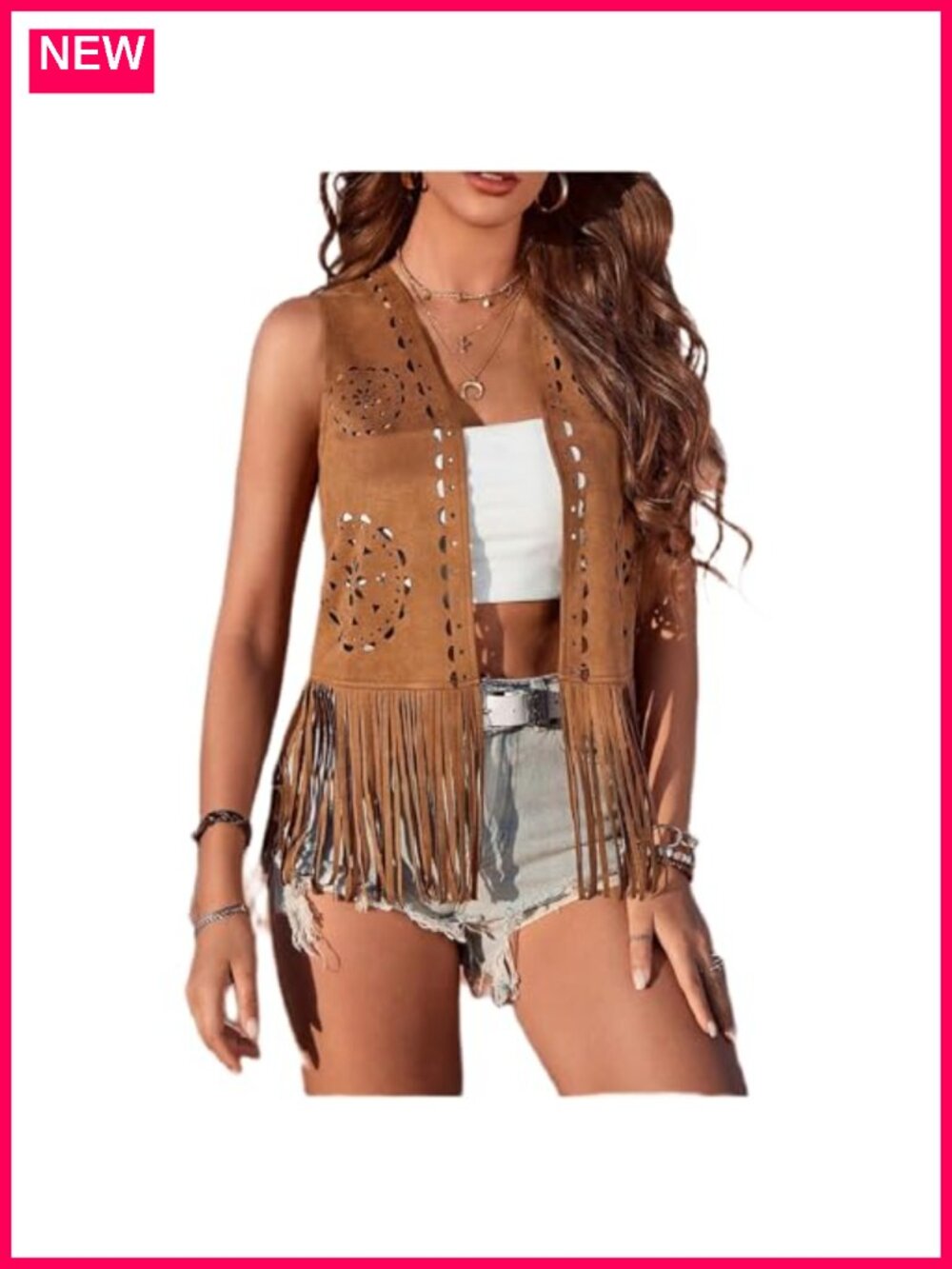Women Sleeveless Faux Suede Tassel Fringe Vest Open Front Western Cardigan Boho